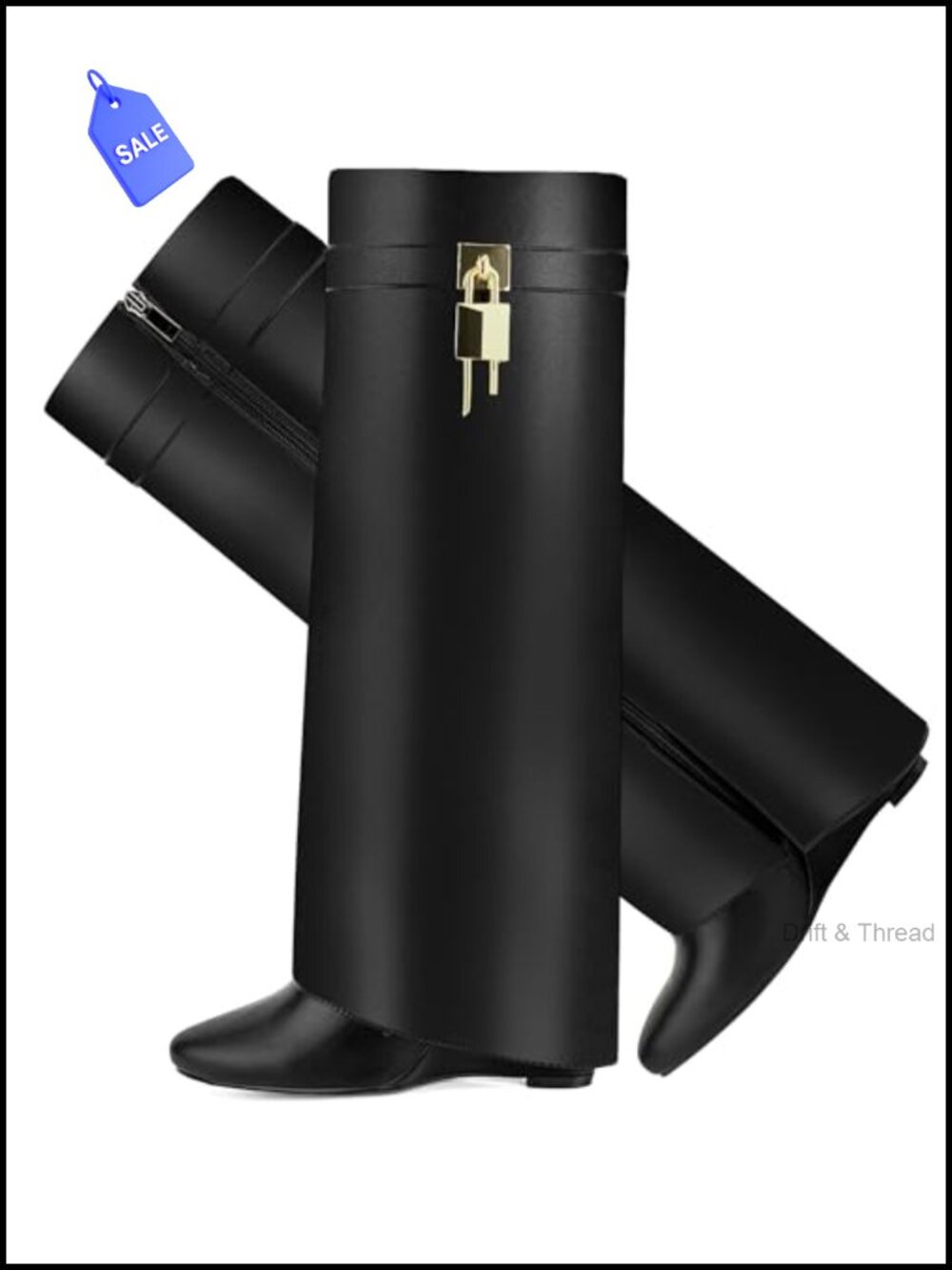 Over The Knee Faux Leather Wedge Boots Side Zip Padlock Accent